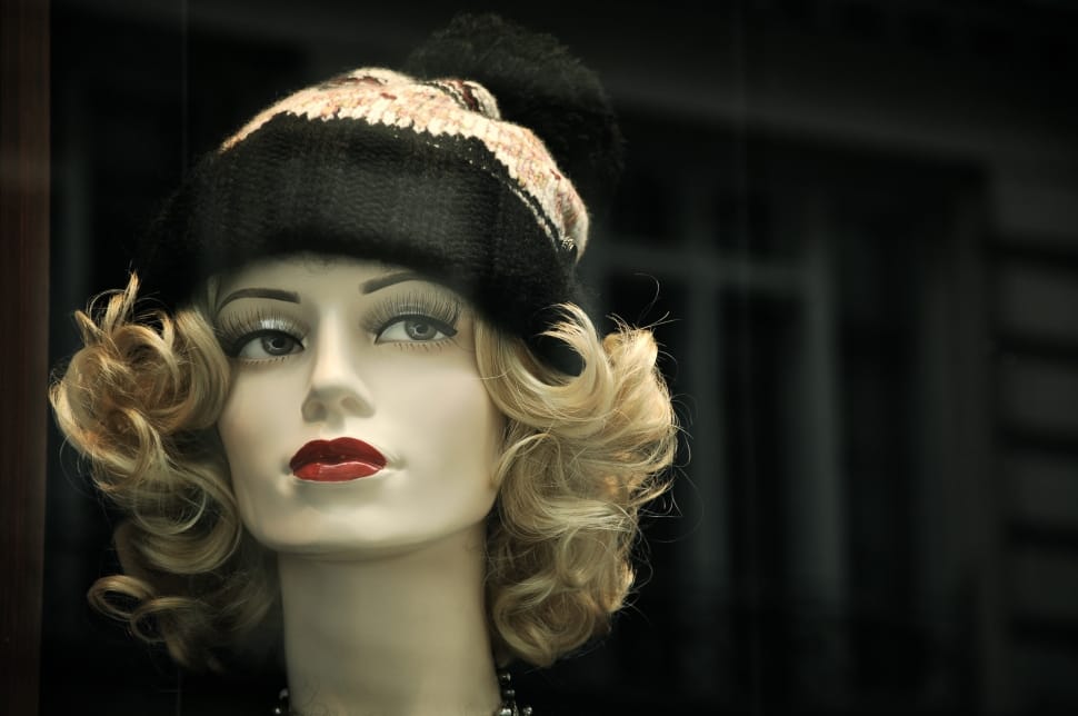 woman mannequin wearing black and brown beanie preview