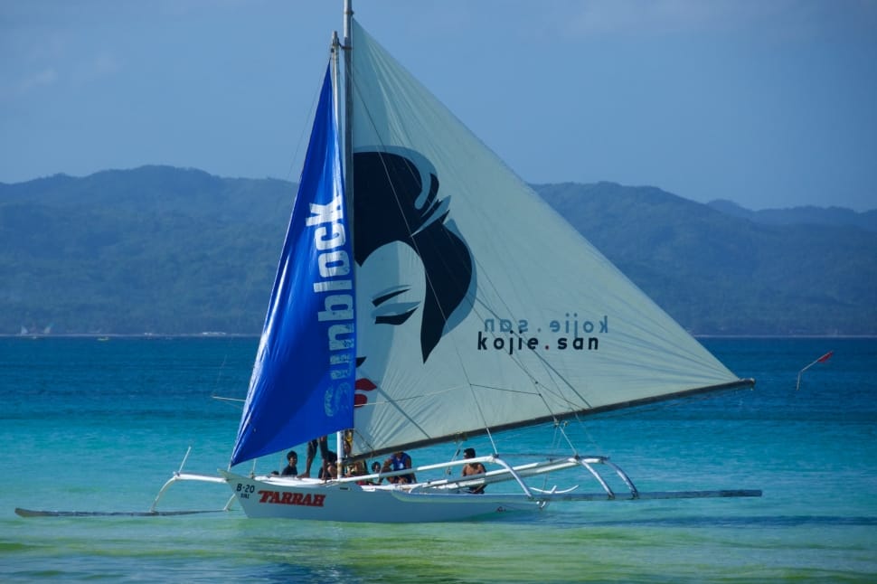 white and blue katamaran boat preview