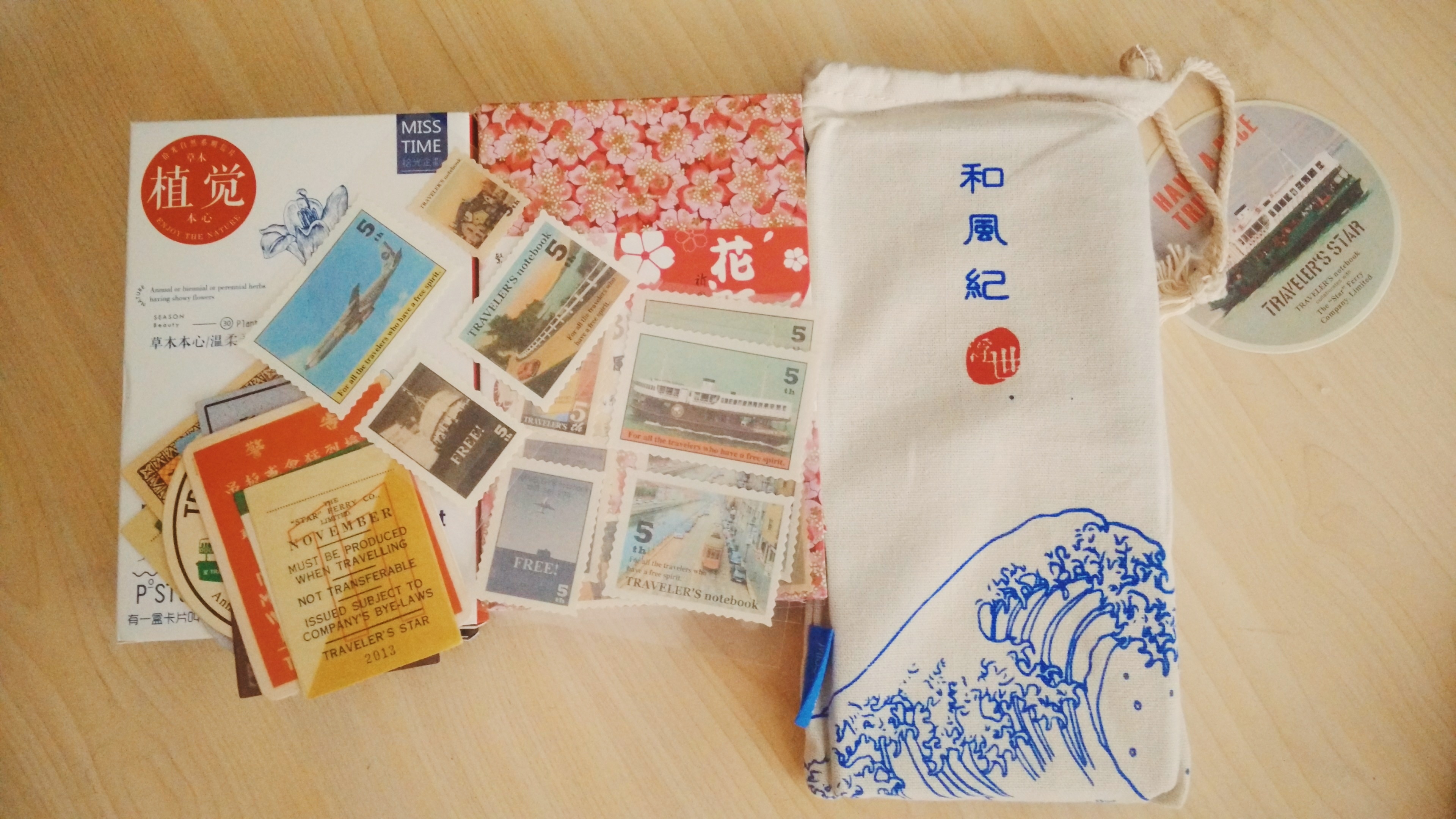 white blue and orange textiles with postage stamps