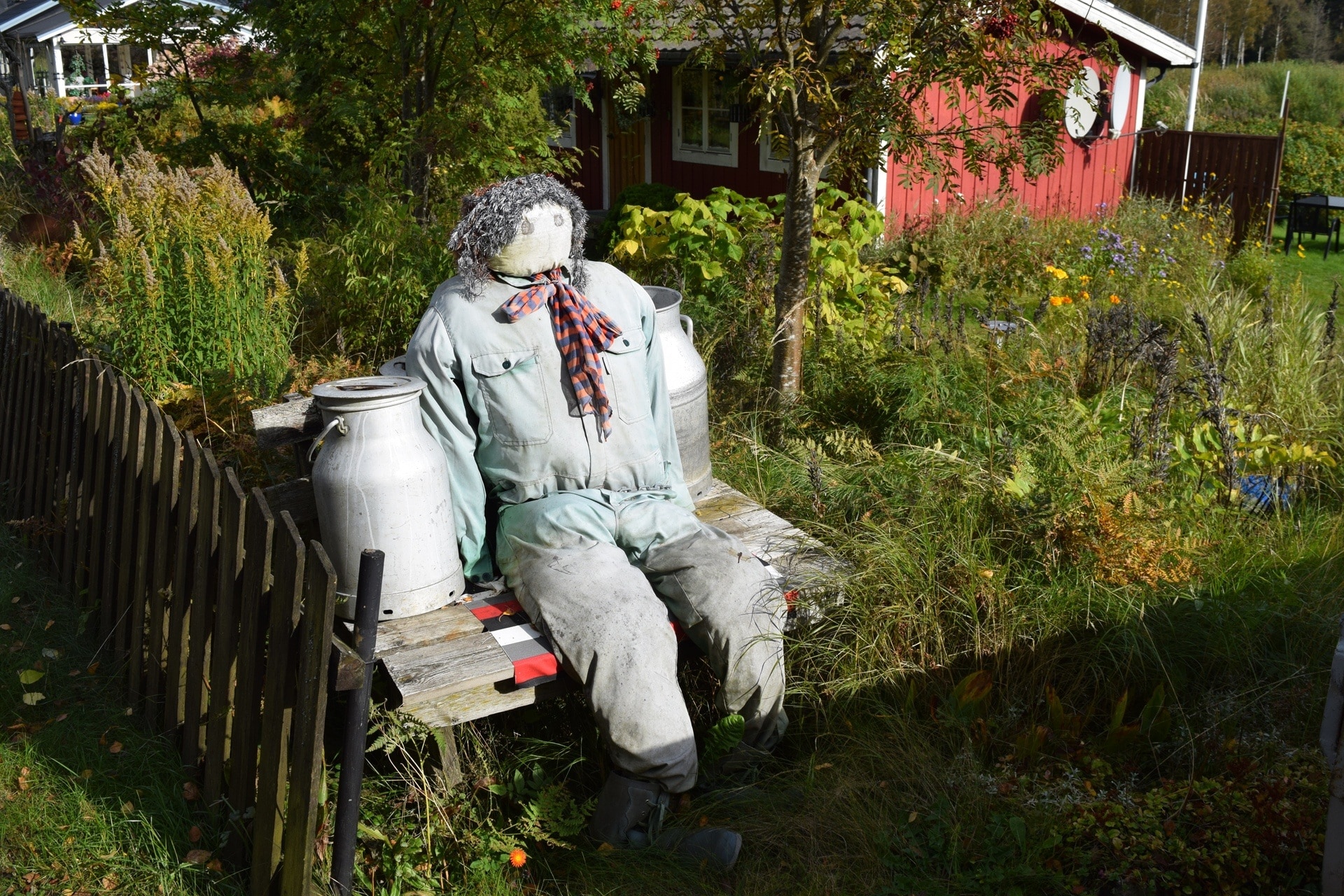 scarecrow sitting on wooden bench beside silver milk can