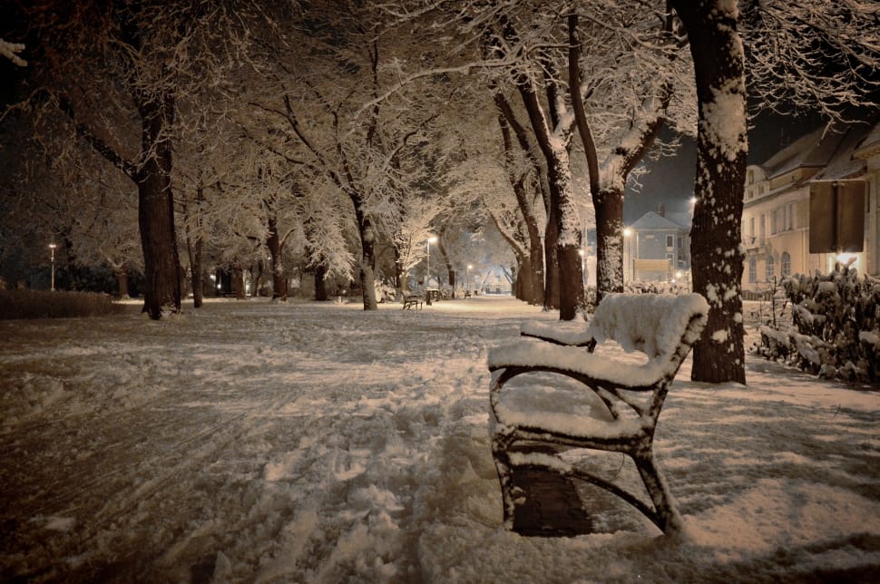 black steel frame bench with snow preview