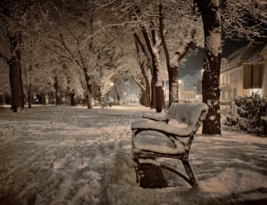 black steel frame bench with snow thumbnail