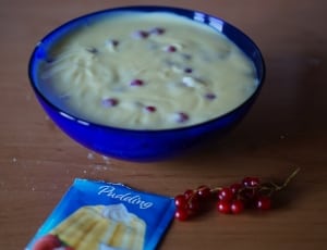 pudding in blue glass bowl thumbnail