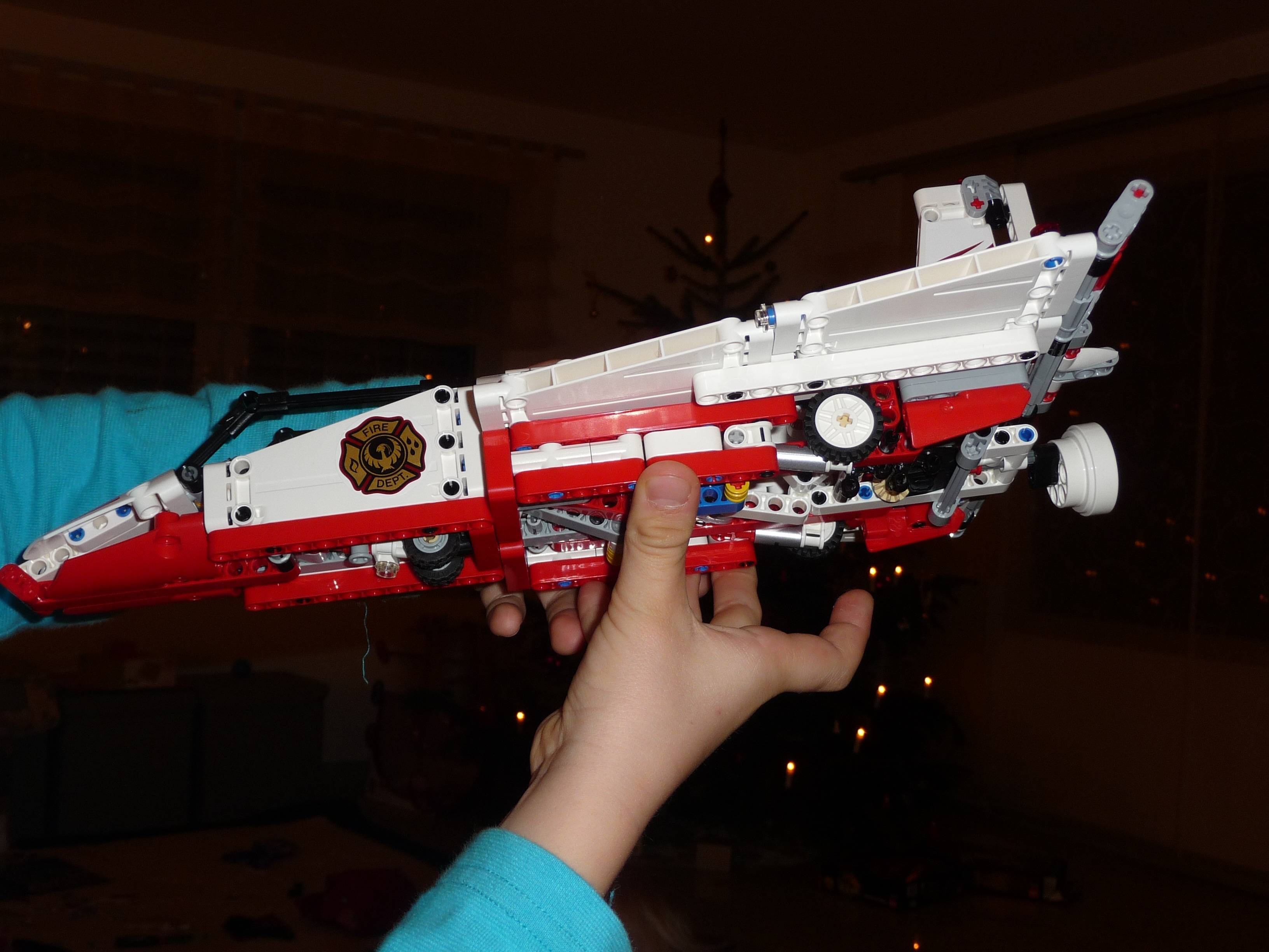 red and white lego flying vehicle
