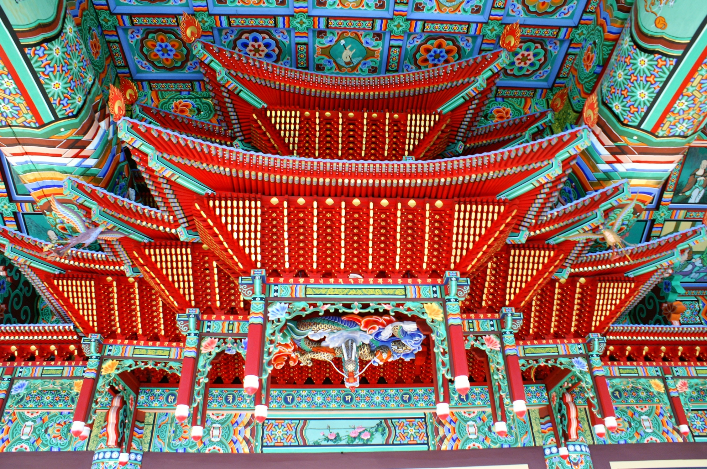 green and red floral temple