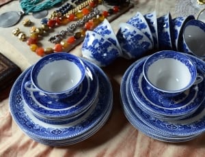 blue and white toile ceramic bowl teacup and coaster set thumbnail