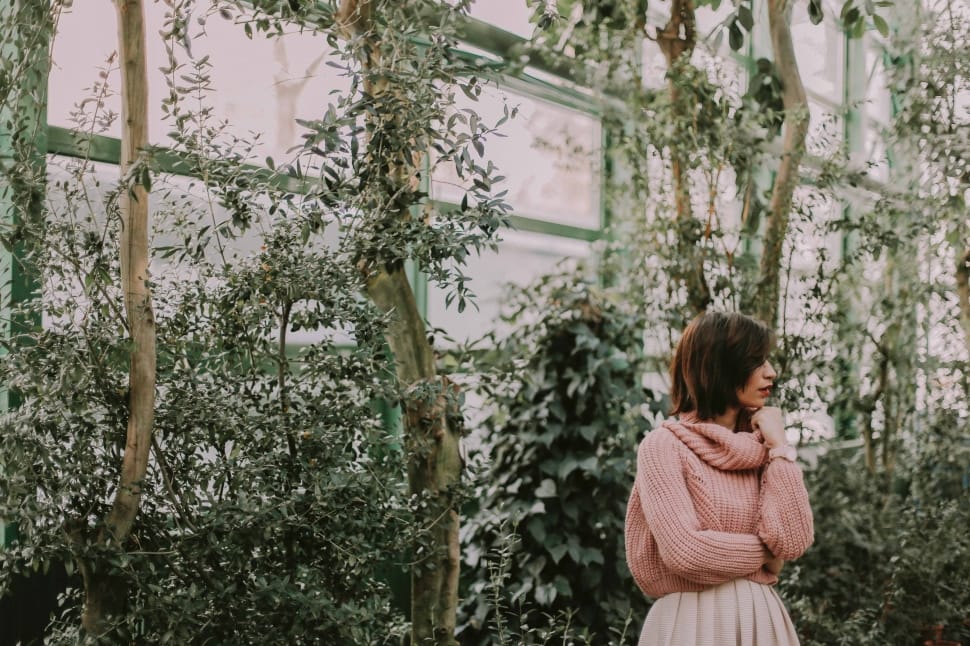 woman wearing pink knitted sweater and pink skirt at the back theres a green hanging plants preview