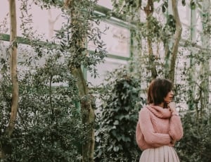 woman wearing pink knitted sweater and pink skirt at the back theres a green hanging plants thumbnail