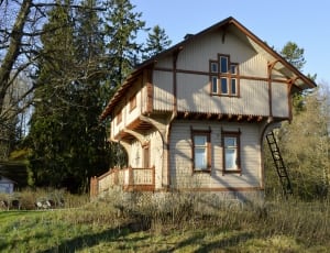 white and brown wooden house surrounded by trees thumbnail