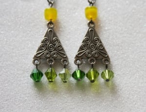 silver yellow and green triangular beaded earrings thumbnail