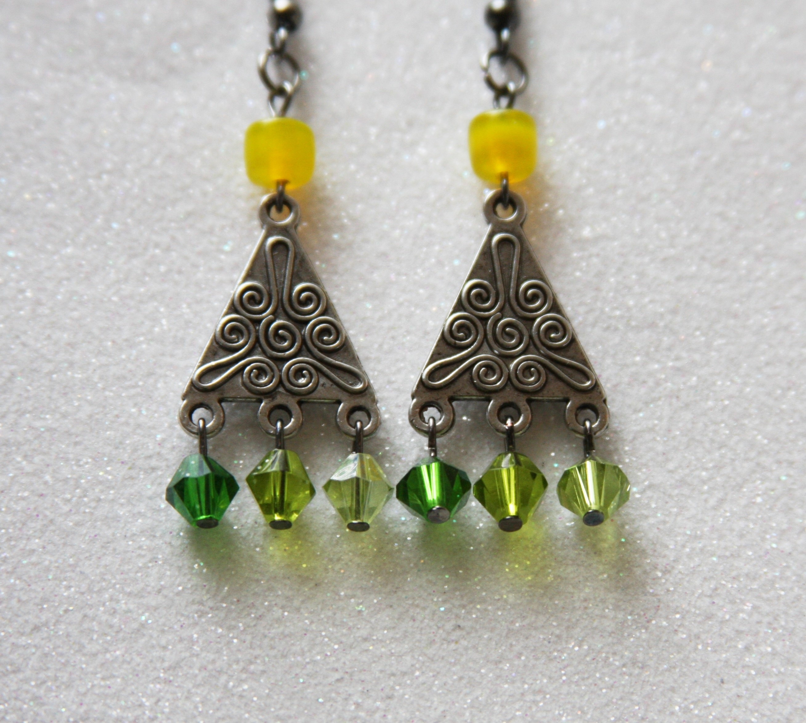 silver yellow and green triangular beaded earrings