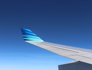 gray and blue airplane left wing thumbnail