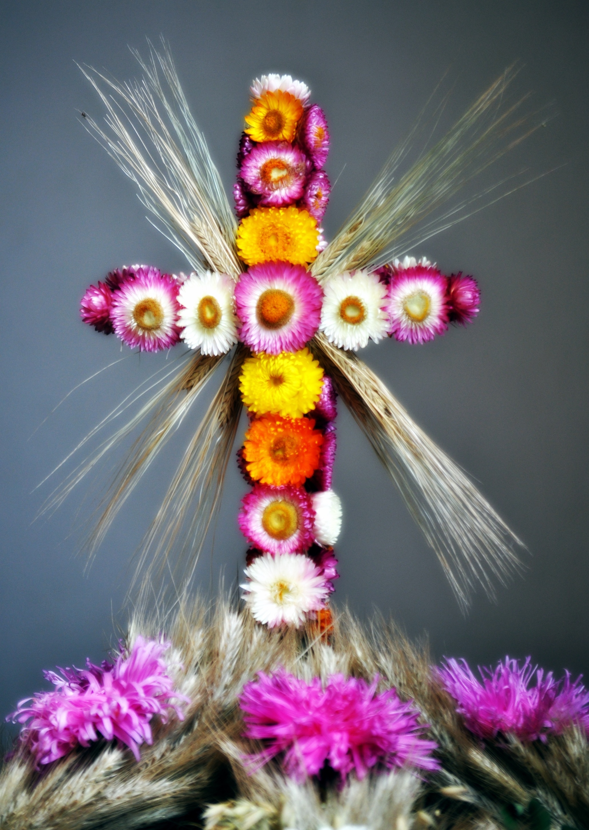 purple white and yellow floral cross illustration