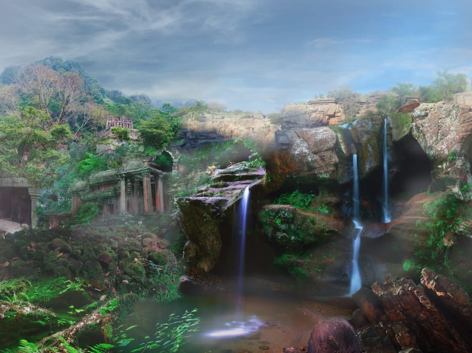 brown rock mountain and waterfalls 3d painting preview