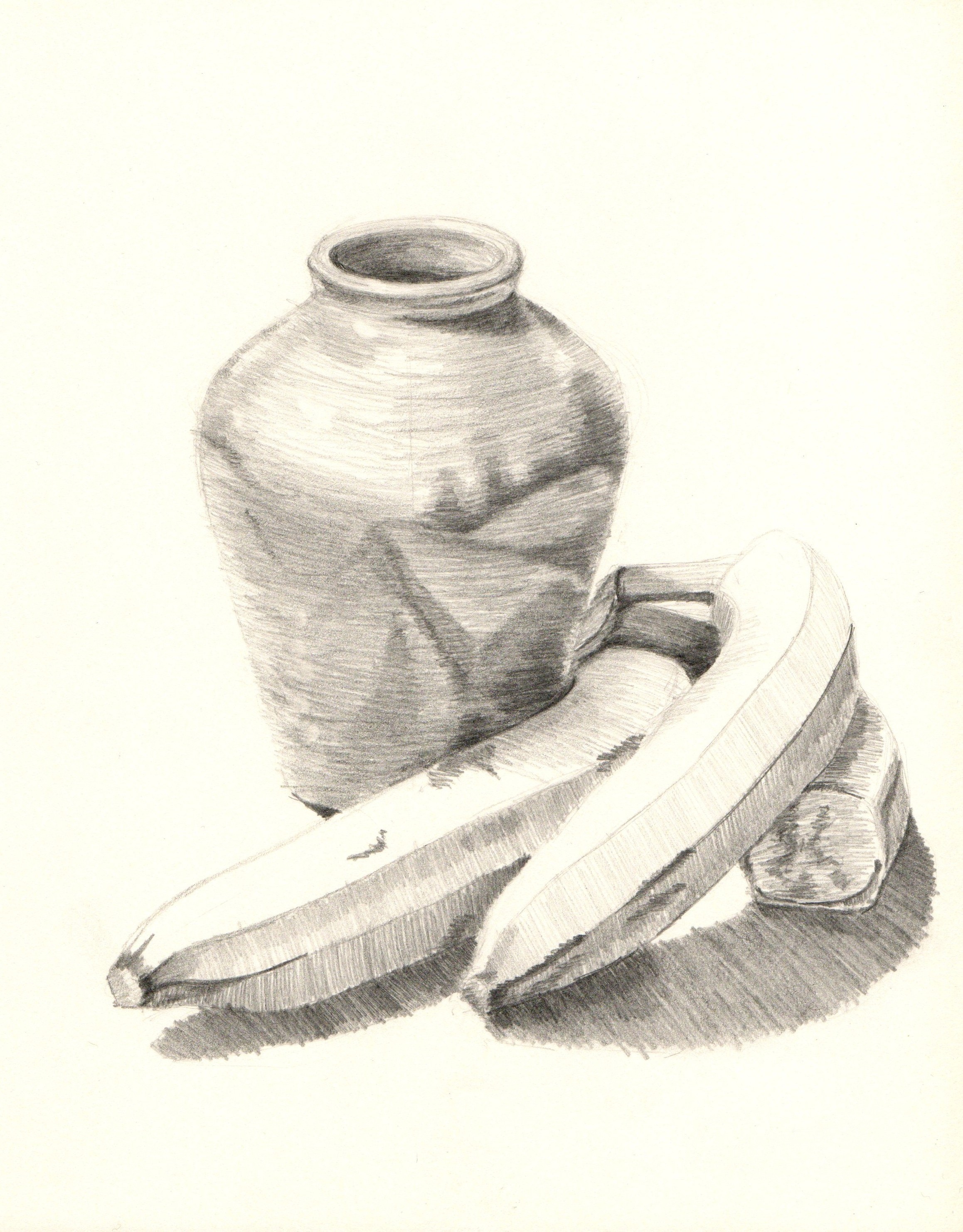 still life charcoal painting of banana and vase