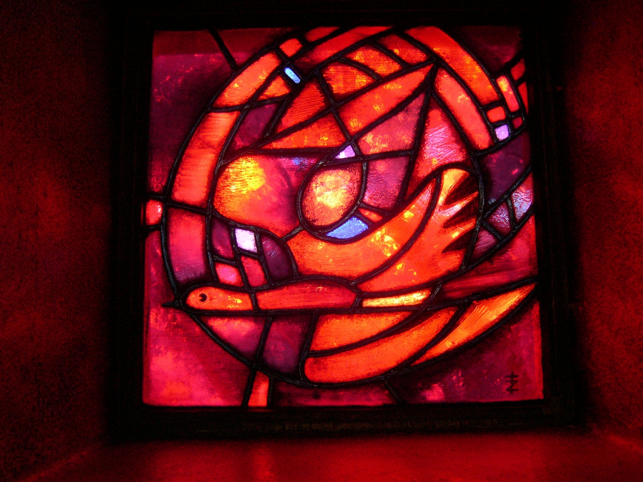 red orange and blue stain glass decor
