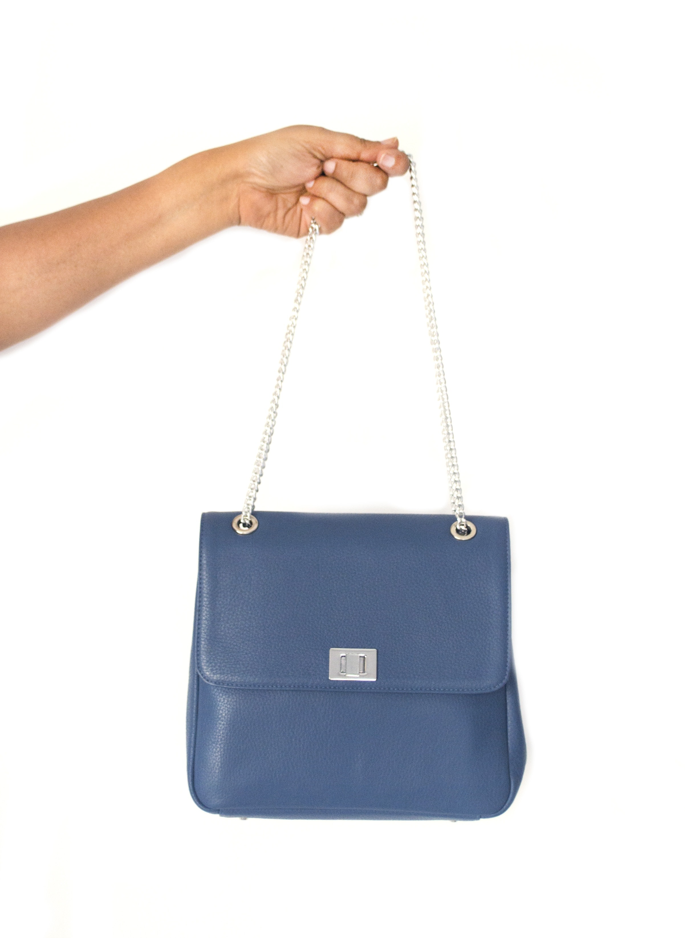 blue leather hand bag
