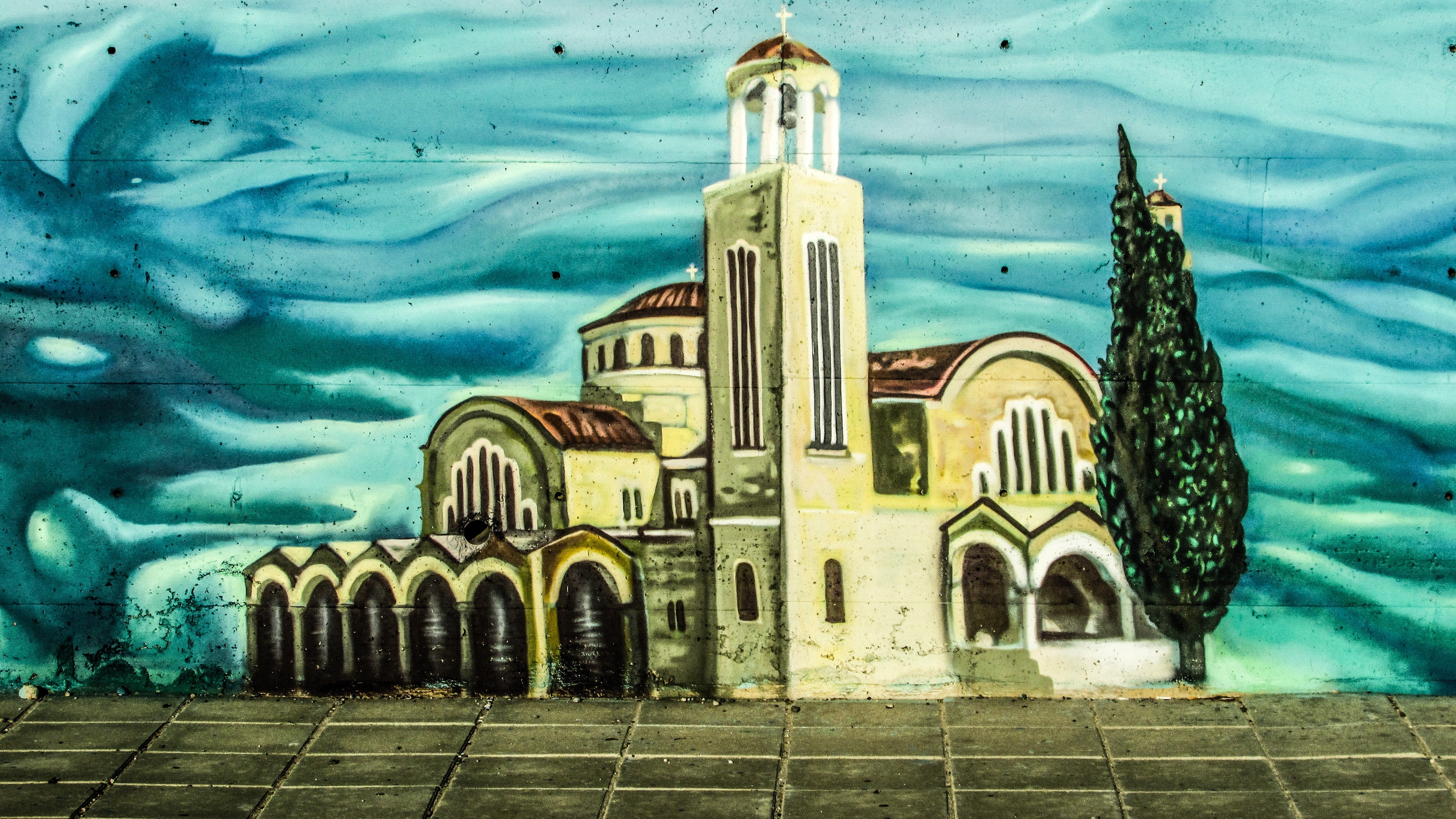 painting of white and beige church