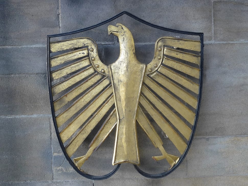 shallow focus photography of brass eagle wall decor preview