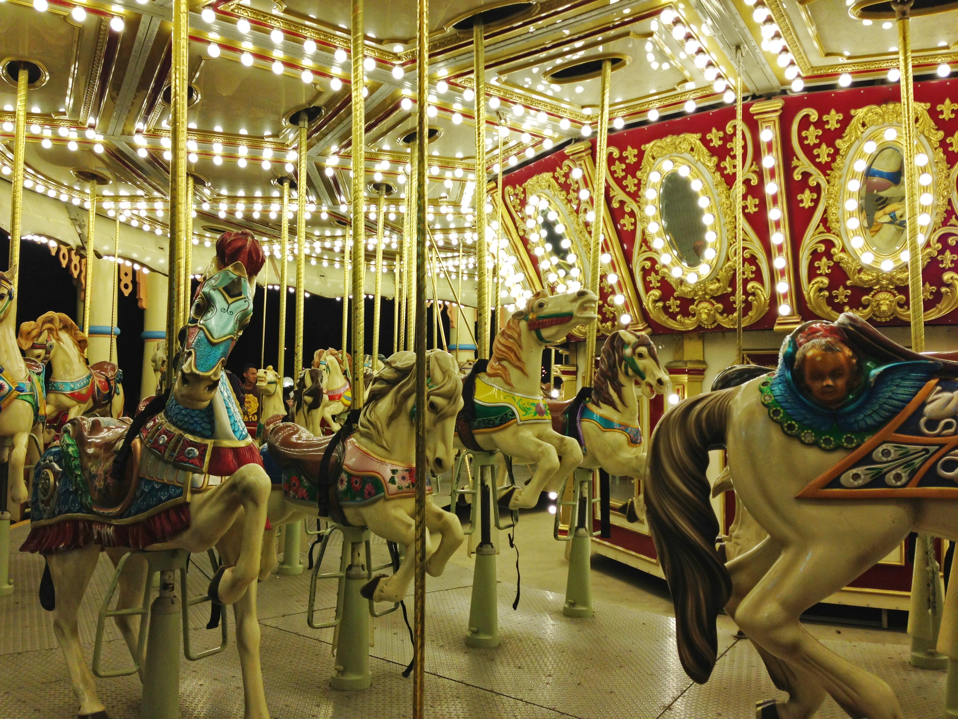 brown red and beige horse carousel