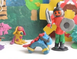 dog, horse and man holding sword and shield clay figurines thumbnail