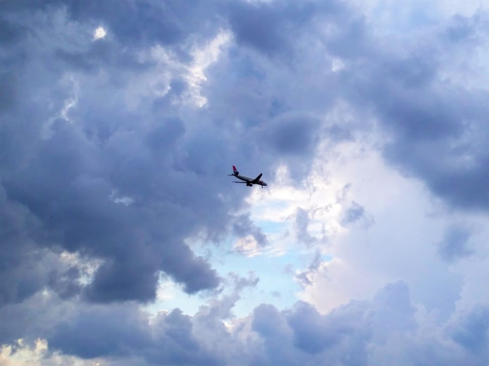 airplane soaring under cloudy sky preview