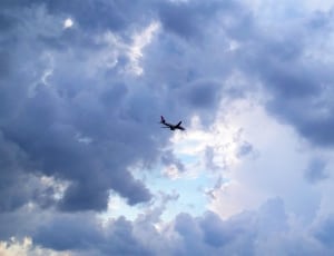 airplane soaring under cloudy sky thumbnail