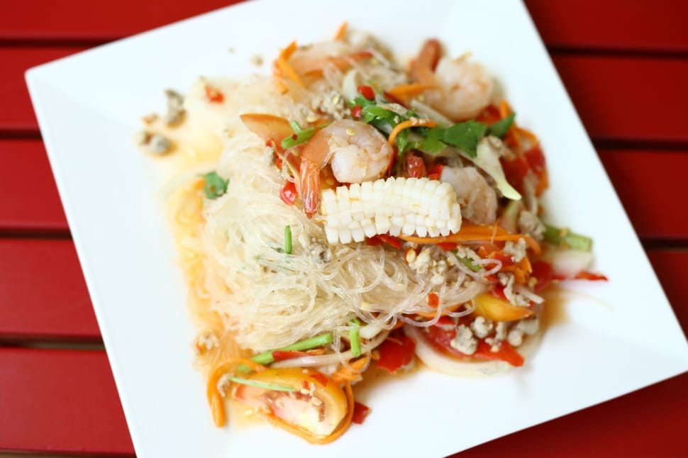 noddle with shrimp on white ceramic square plate preview