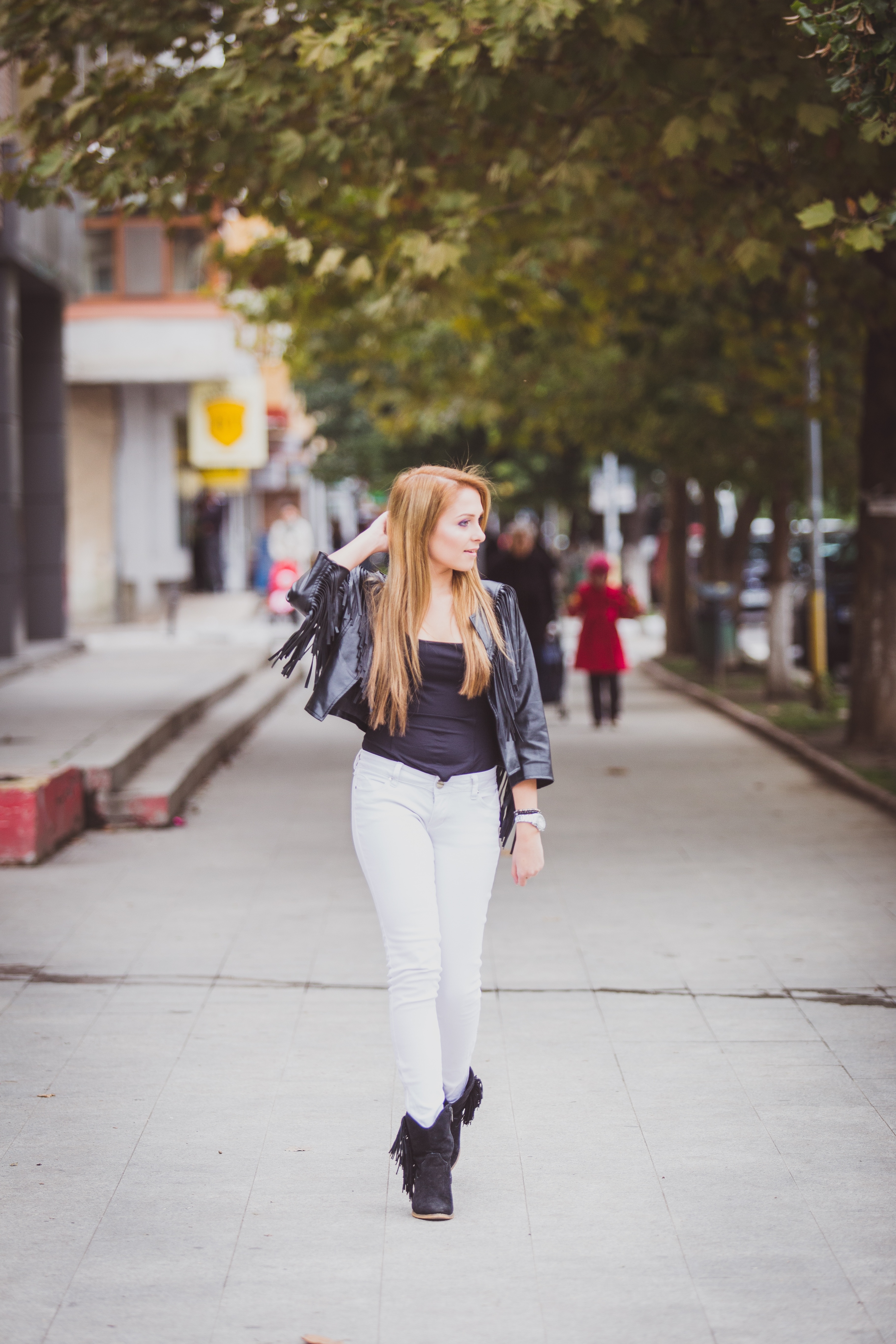 white jeans black leather jacket