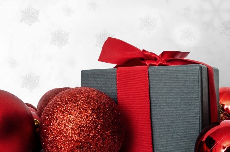red glittered christmas ball and box preview