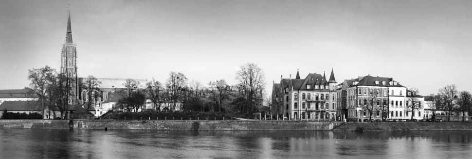 grayscale photo of a building near body of water preview