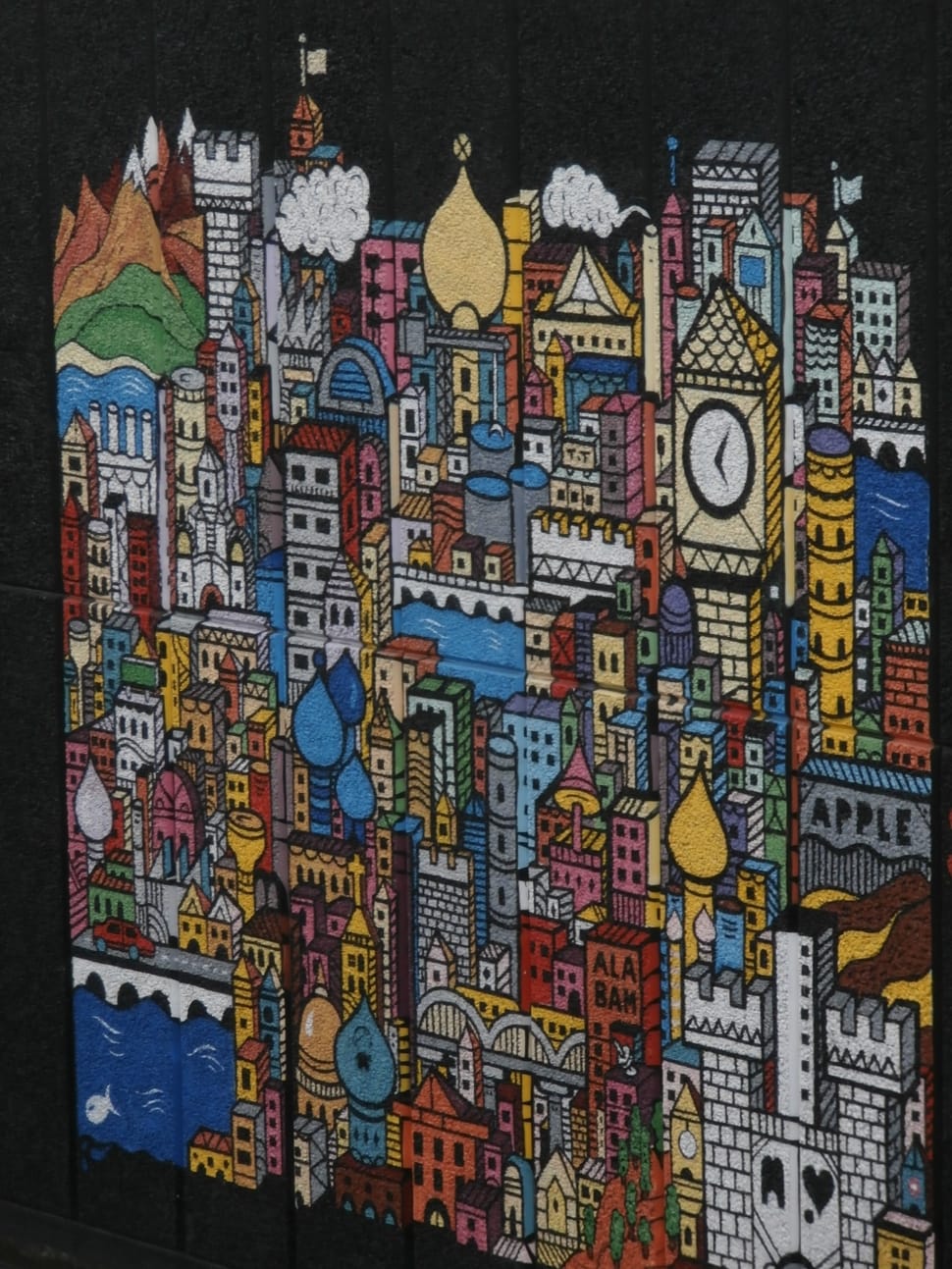 blue yellow and red multicolored cityscape drawing preview