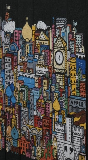 blue yellow and red multicolored cityscape drawing thumbnail