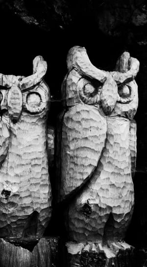 2 gray wooden owl sculptures thumbnail