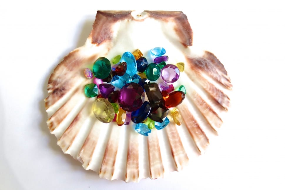 brown and white shell with blue emerald amber and amethyst gemstones preview