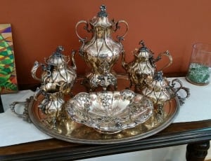 brass steel teapots and platter thumbnail