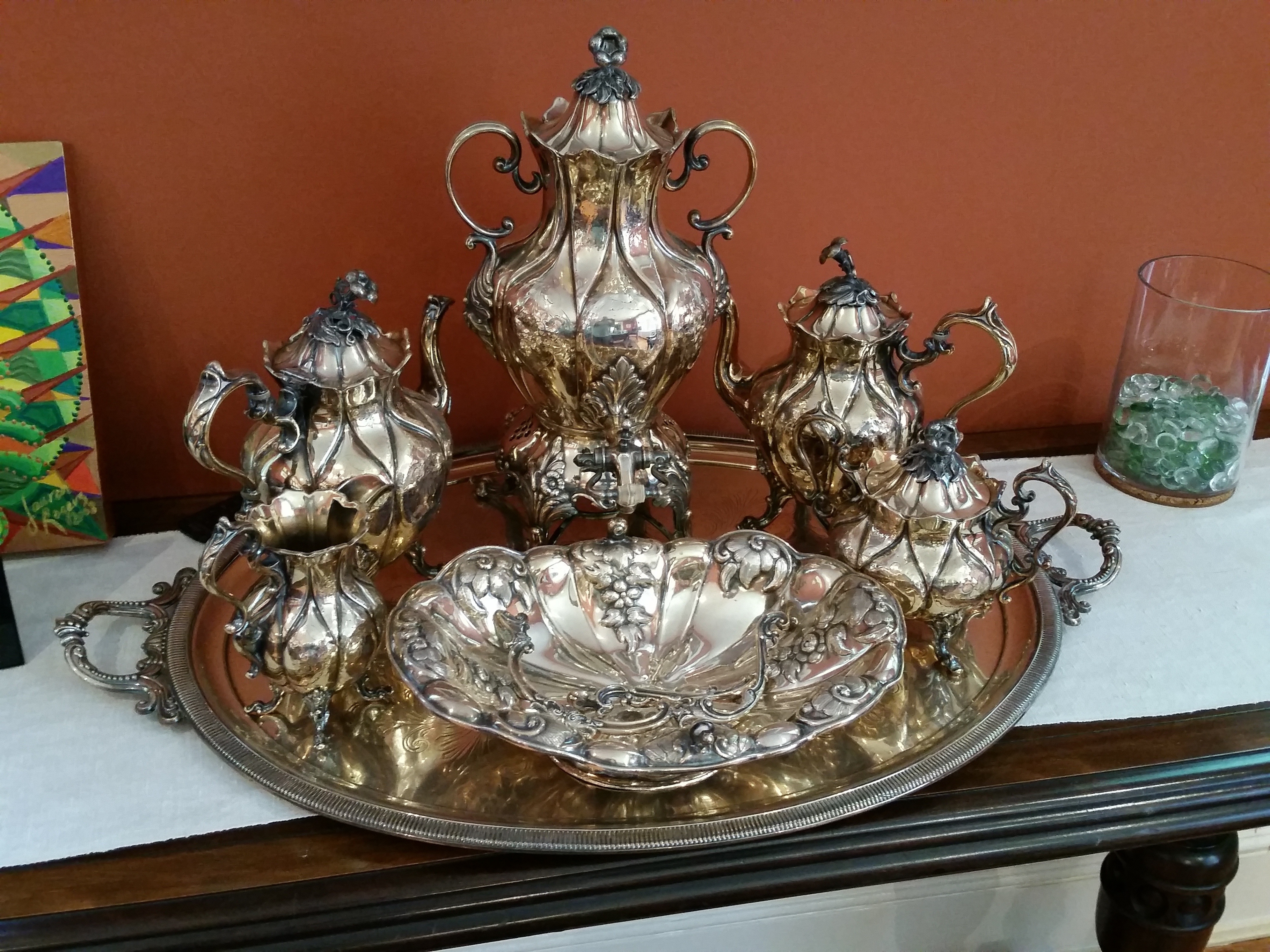 brass steel teapots and platter