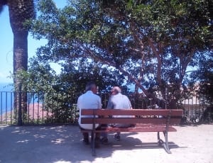 two men sitting on the bench facing the trees thumbnail