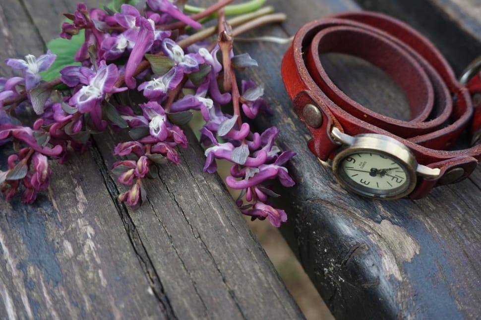 purple flowers and brown strap watch preview