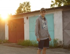 men's gray hoodie blue shorts and gray cap outfit thumbnail