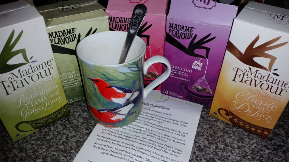 white and green bird print ceramic mug with spoon near five madame flavour boxes preview