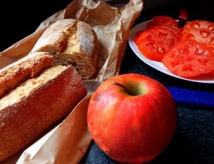bread, apple and sliced tomatoes thumbnail