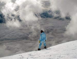 person in blue and white suit on snow field thumbnail