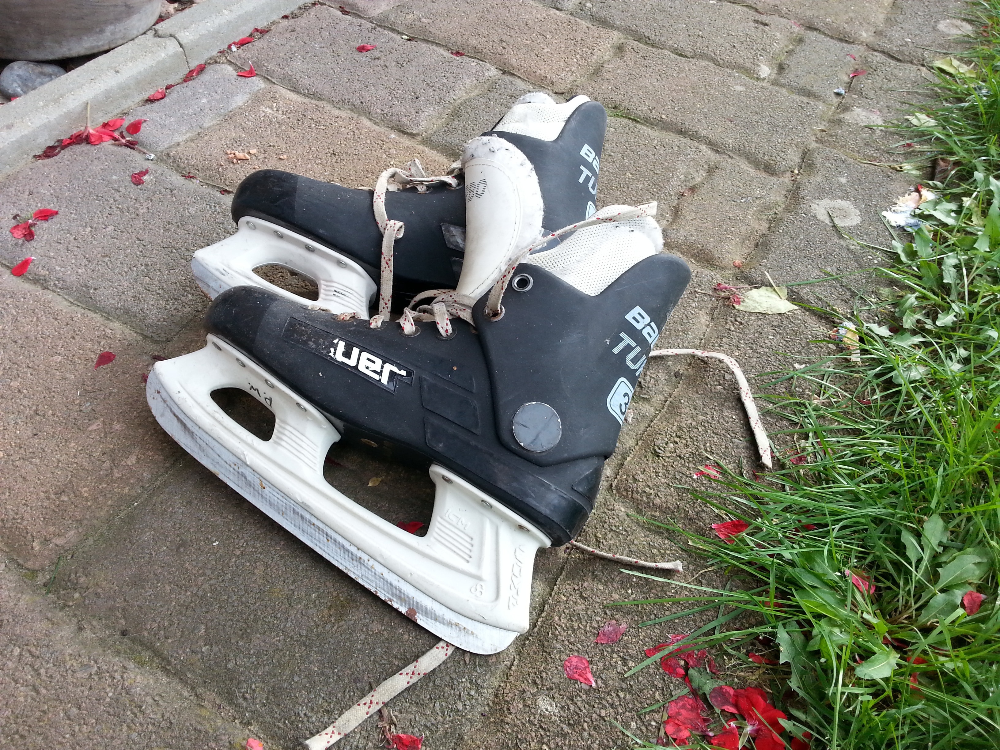 pair of black-and-white Bauer Ice skates