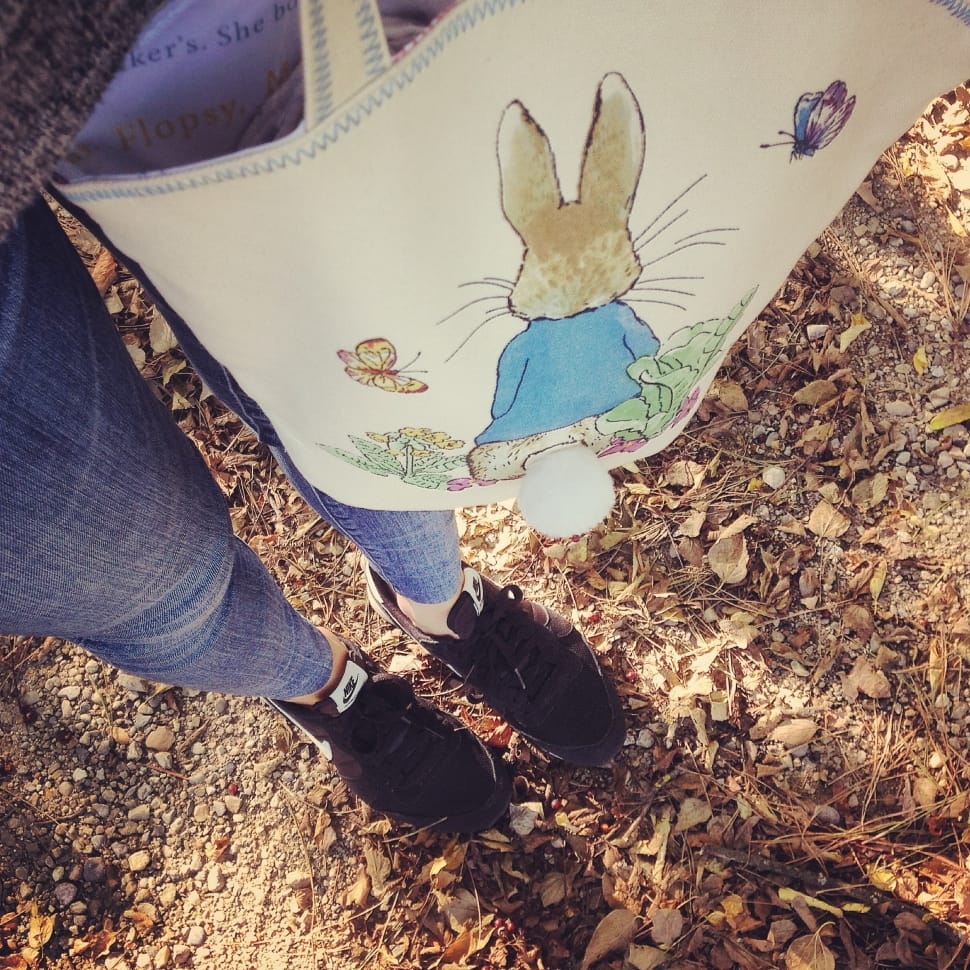 white brown green and blue rabbit print tote bag preview