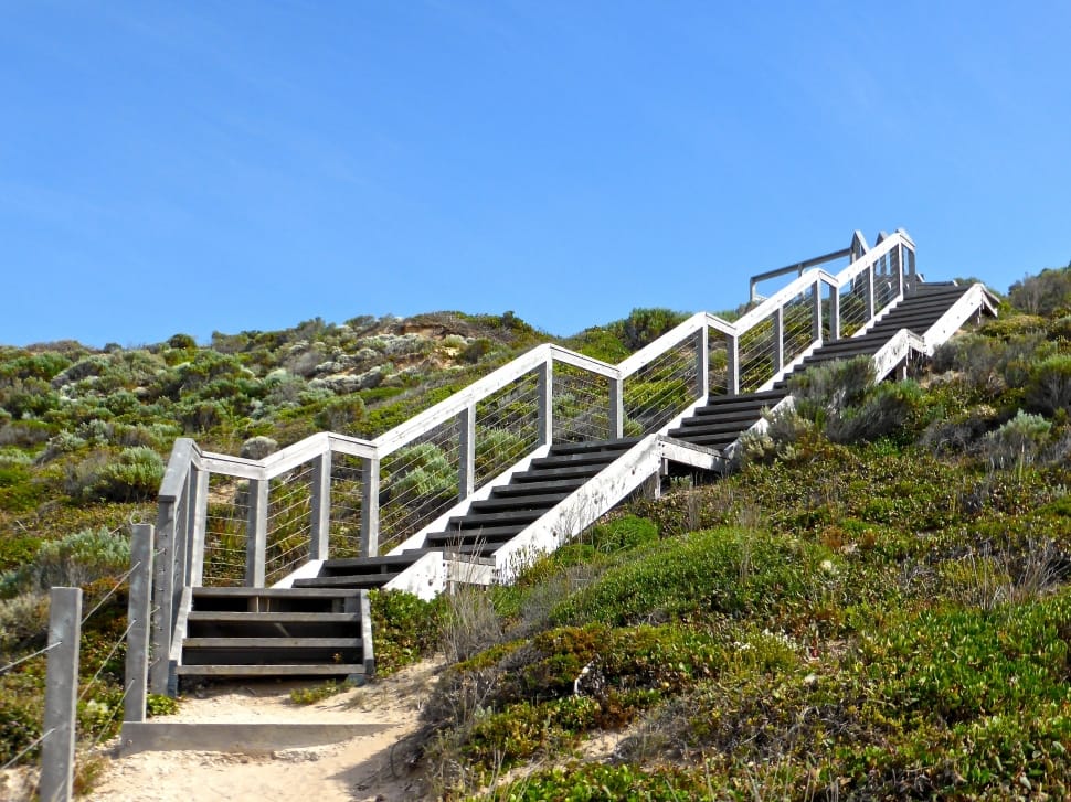 grey and white stair with green grass under blue sky during daytime preview