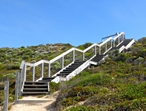 grey and white stair with green grass under blue sky during daytime thumbnail
