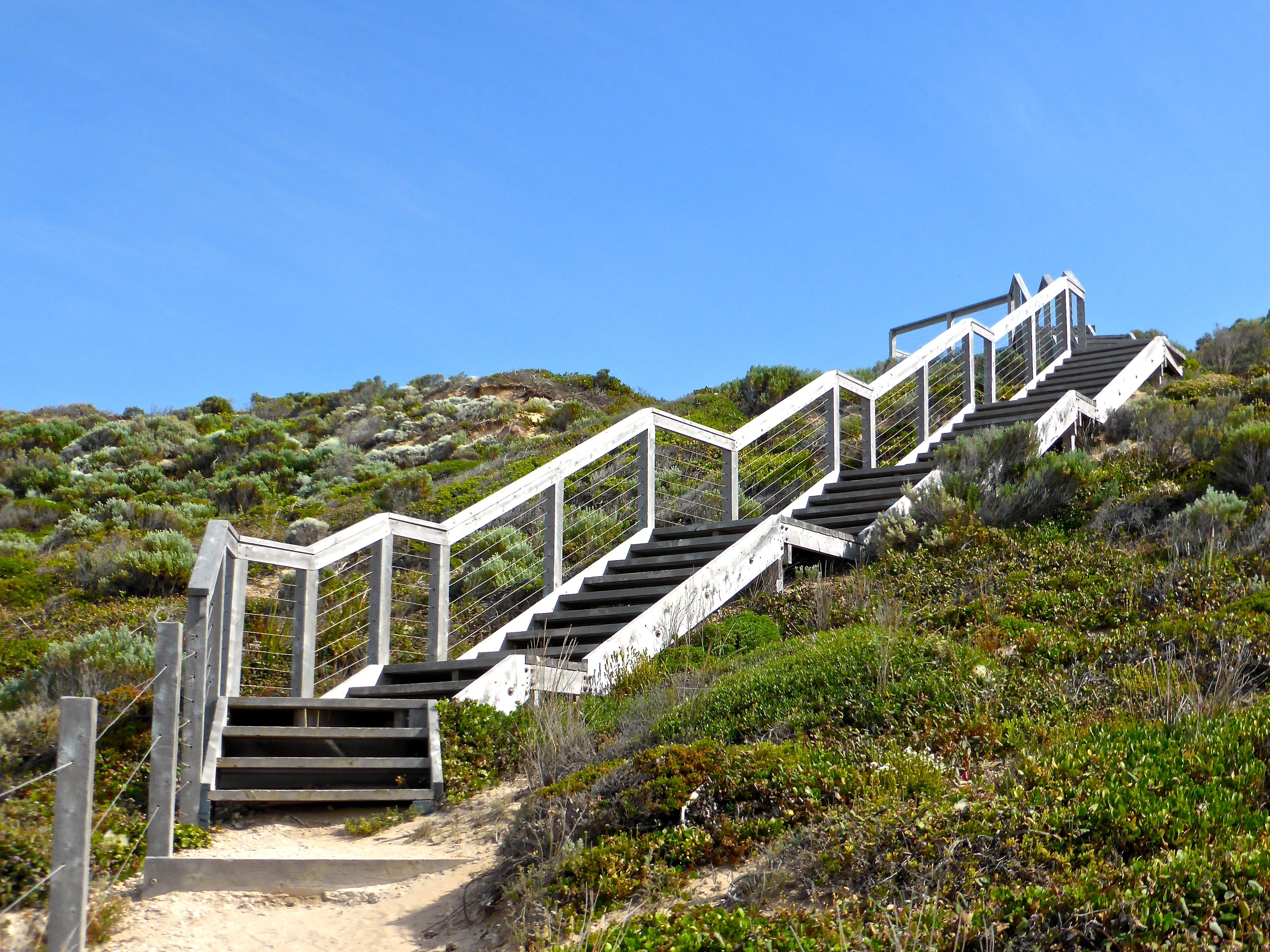 grey and white stair with green grass under blue sky during daytime