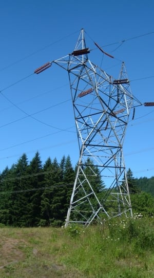 gray metal electricity tower on field near trees thumbnail