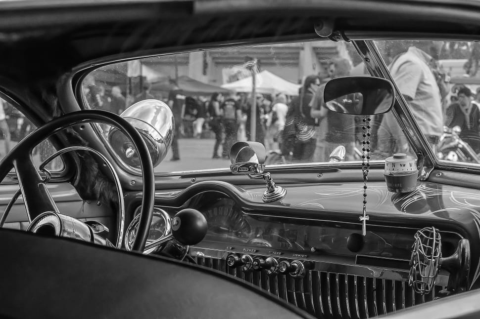 grayscale photo of interior car preview